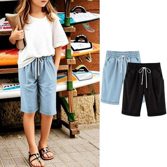 2 Pack Girls Casual Bermuda Shorts Kids Knee Length High Waisted Summer Shorts Comfy Drawstring Short Pants with Pockets