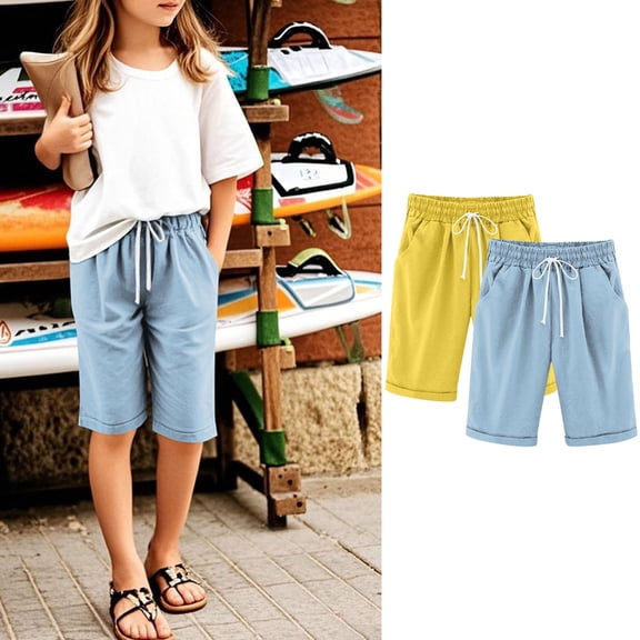 2 Pack Girls Casual Bermuda Shorts Kids Knee Length High Waisted Summer Shorts Comfy Drawstring Short Pants with Pockets
