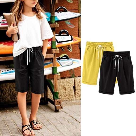2 Pack Girls Casual Bermuda Shorts Kids Knee Length High Waisted Summer Shorts Comfy Drawstring Short Pants with Pockets