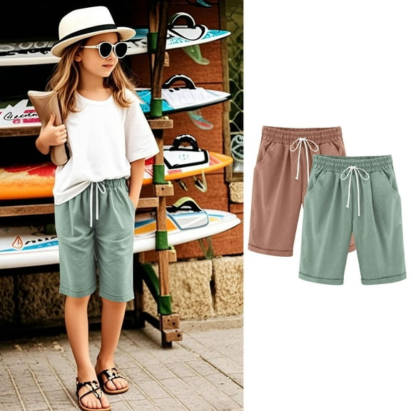 2 Pack Girls Casual Bermuda Shorts Kids Knee Length High Waisted Summer Shorts Comfy Drawstring Short Pants with Pockets