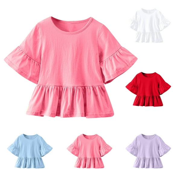2 Pack Girls Cute Peplum Tops Long Bell-Sleeve Crewneck Babydoll Shirts Size 1-8 Toddlers Trendy Solid Color Loose Pullover Ruffle Hem Blouses Top