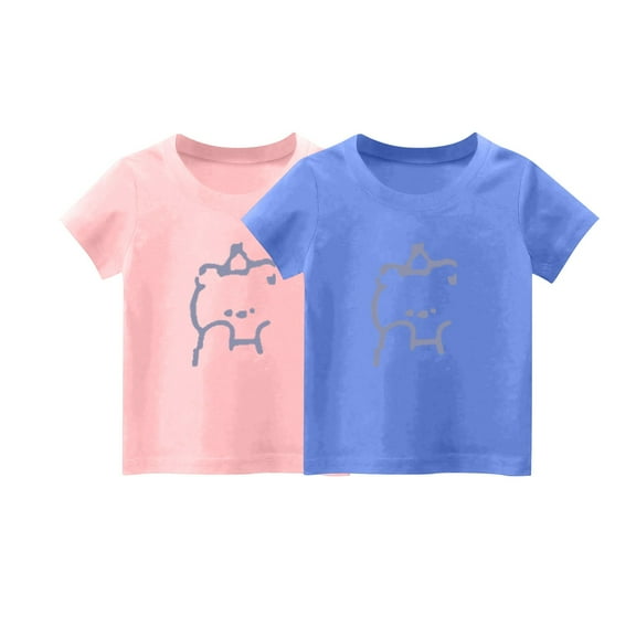 2-Pack Girls Cute T-Shirt Kids Summer Short Sleeve Tops Bear Casual Cotton Trendy Crew Neck Graphic Tees Loose Blouses, Pink/Blue, 1 Years