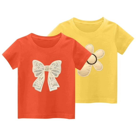 2-Pack Girls Cute T-Shirt Kids Summer Short Sleeve Tops Casual Cotton Trendy Crew Neck Graphic Tees Loose Blouses, Yellow/Orange, 9 Years