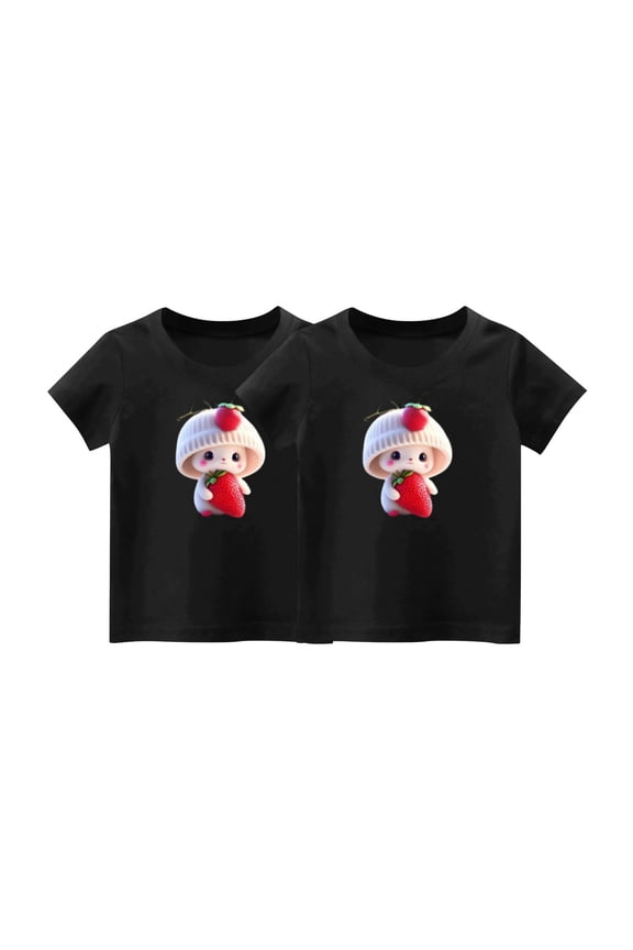 2-Pack Girls Cute T-Shirt Kids Summer Short Sleeve Tops Rabbit Casual Cotton Crew Neck Graphic Tees Loose Blouses Vacation, Black, 6 Years