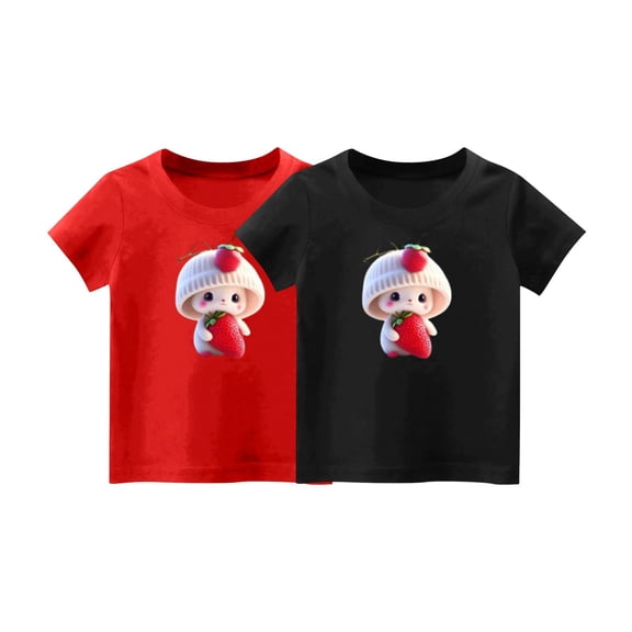 2-Pack Girls Cute T-Shirt Kids Summer Short Sleeve Tops Rabbit Casual Cotton Crew Neck Graphic Tees Loose Blouses Vacation, Red/Black, 10 Years