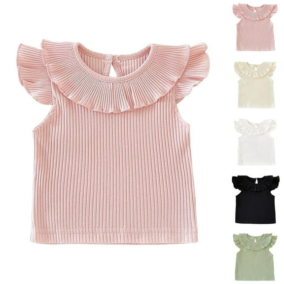 2 Pack Girls Cute Tops Ruffle Cap Sleeve Crewneck Tank Tops 6M-4Y Infants Toddlers Trendy Pullover Solid Color Ribbed Going-Out Tees Shirts Summer