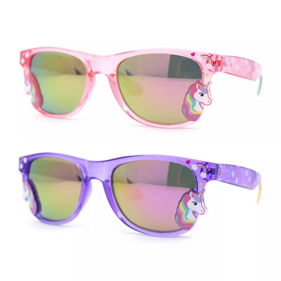 (2-Pack) Girls Kid Size Rainbow Unicorn Badge Horn Rim Sunglasses 1 Pink 1 Purple