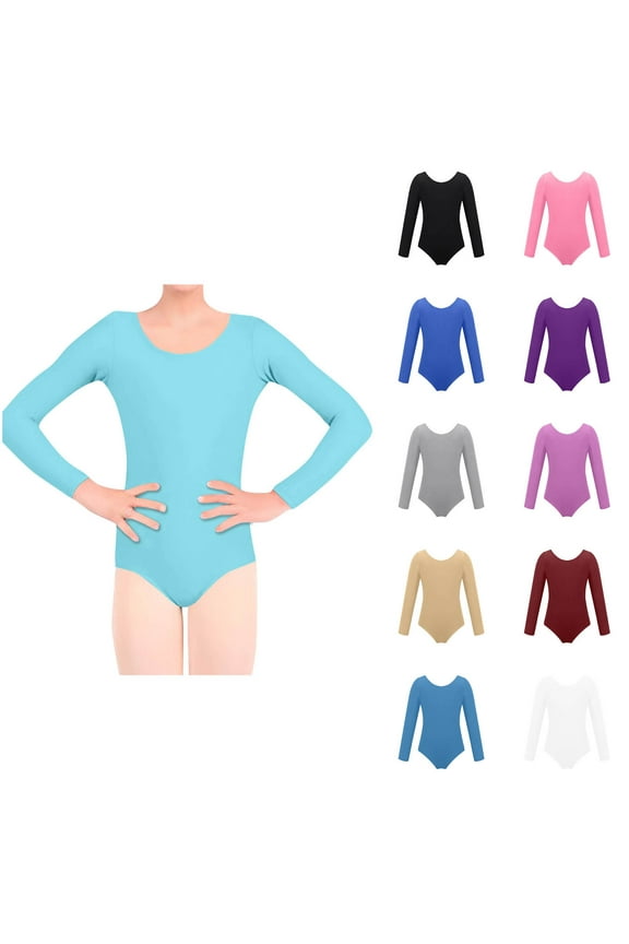 2 Pack Girls Long Sleeve Ballet Leotards Trendy One-Piece Long Sleeve Rompers Size 5-18 Teens Juniors Solid Crewneck Stretchy Slim Soft Dance Jumpsuits Tops