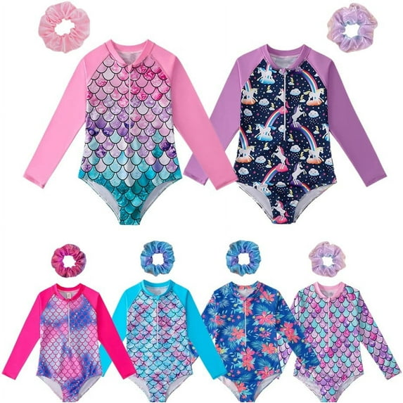 2 Pack Girls Long Sleeve Rash Guards One-Piece Swimsuit with Hairband Bathing Suit Swimwear 2-10T