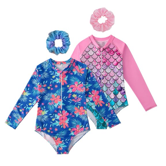 2 Pack Girls Long Sleeve Rash Guards One-Piece Swimsuit with Hairband Bathing Suit Swimwear 2-10T
