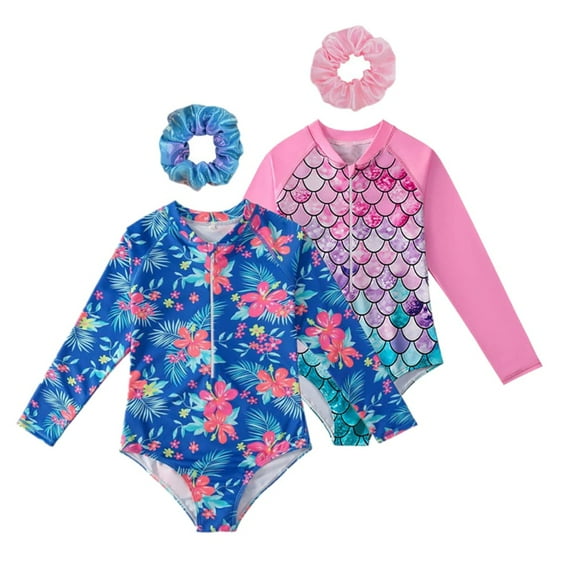 2 Pack Girls Long Sleeve Rash Guards One-Piece Swimsuit with Hairband Bathing Suit Swimwear 2-10T