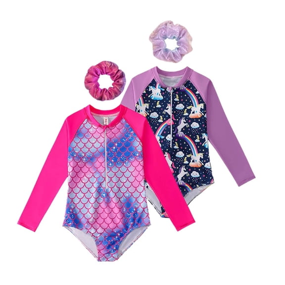 2 Pack Girls Long Sleeve Rash Guards One-Piece Swimsuit with Hairband Bathing Suit Swimwear 2-10T