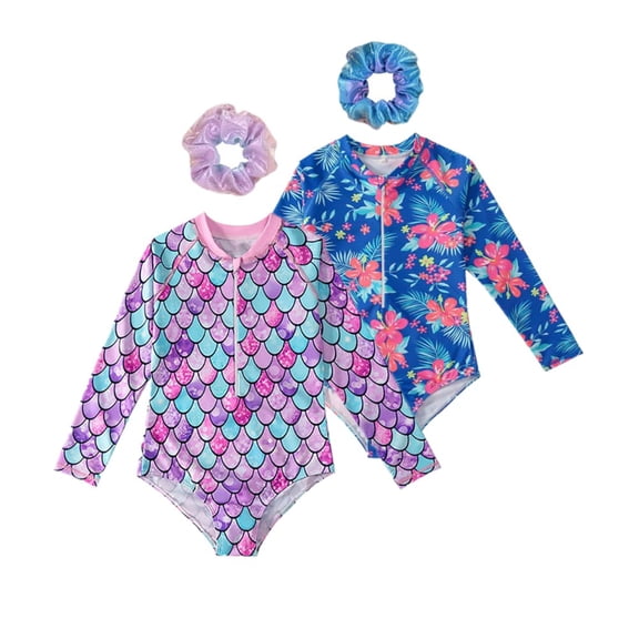 2 Pack Girls Long Sleeve Rash Guards One-Piece Swimsuit with Hairband Bathing Suit Swimwear 2-10T
