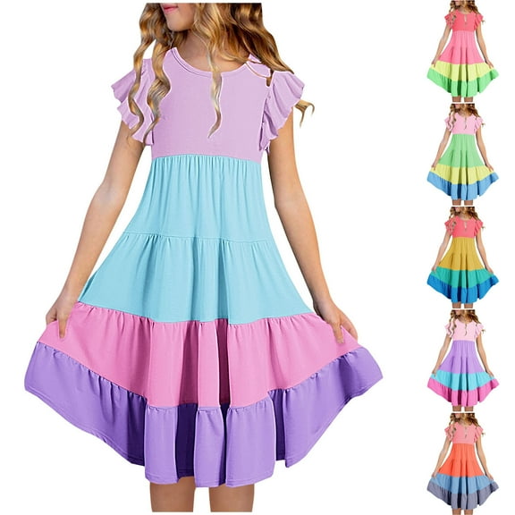 2 Pack Girls Midi Dresses 2025 6M-15Y Teens Kids Trendy Ruffle Sleeve Crewneck Color-Block Pullover Loose Hawaiian Beach Dress