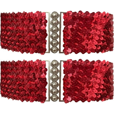 2 Pack Girls Sequin Sparkly Metal Interlooking Buckles Elastic Waist Belt, Glitter Stretchy Belt for Women