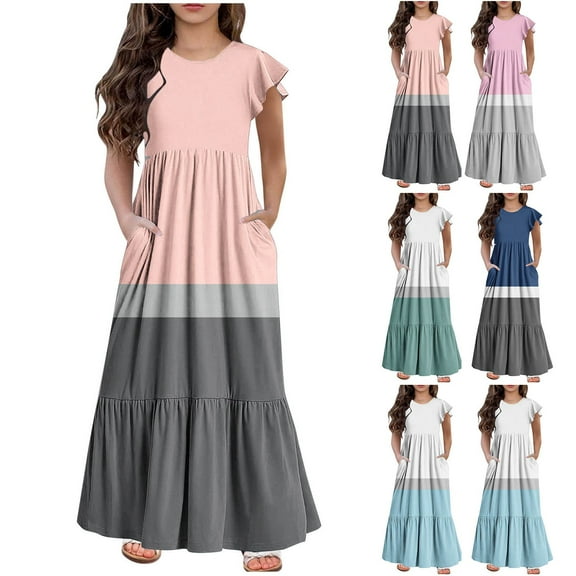 2 Pack Girls Summer Maxi Dresses with Pockets 2025 Size 6-12 Kids Trendy Ruffle Short Sleeve Crewneck Color-Block Loungewear Long Dress