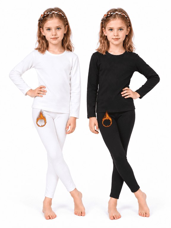 2 Set Girls Thermal Underwear Set , Fleece Lined Long Johns Base Layer Top & Bottom for Cold Weather,Size M