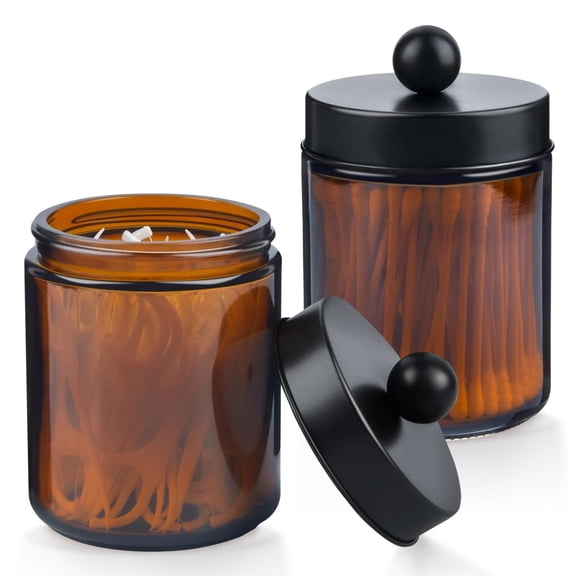 2 Pack Glass Apothecary Jars with Lids and Labels - Bathroom Counter Storage Jars, Qtip Holders Vanity Countertop Canisters (Amber)