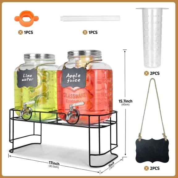 2-Pack Glass Beverage Dispenser with Stand, 1.5 Gallon Leakproof Drink Server for Parties