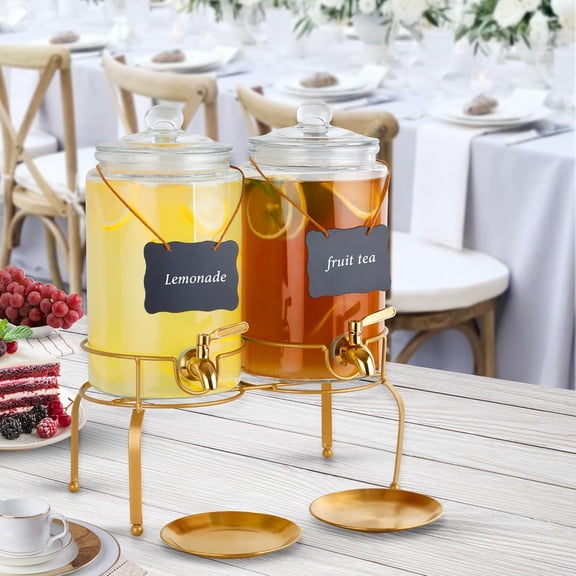 2 Pack Glass Beverage Dispenser with Stand, 1 Gallon Juice Drink Dispenser for Parties with Gold Spigot and Chalkboard Labels
