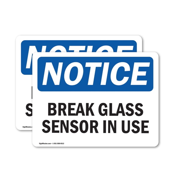 (2 Pack) Glass Break Sensor In Use OSHA Notice Sign 5 Inch X 3.5 Inch Vinyl Label Decal Sticker Weather Resistant, UV Protected for Workplace, Business, and Construction Site, Made in