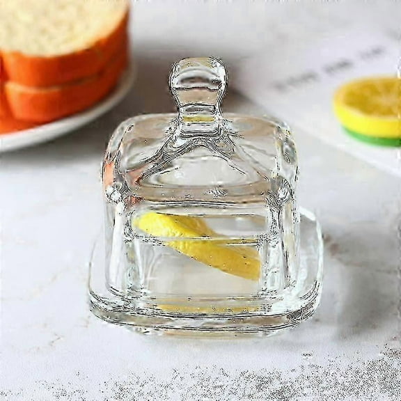 2 Pack Glass Butter Dishes, Small Round Butter Keeper with Dome Lid and Handle, Clear Butter Serving Container with Cover, Round Crystal Min