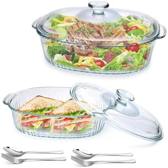 2 Pack Glass Casserole Baking Dishes with Lids for Oven,1.9 Qt and 3 Qt Ribbed Oval Glass Serving Dishes Bakeware Set for Lasagna,Casseroles,Leftovers,Cooking,Kitchen$$Home Decor, Kitchen, & Other