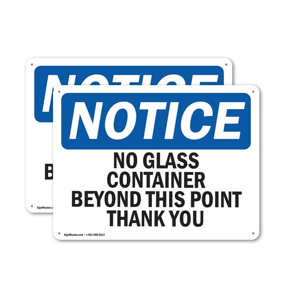 (2 Pack) No Glass Containers Beyond This Point Thank You OSHA Notice Sign 18 Inch X 12 Inch Indoor / Outdoor Rust-Free Aluminum Metal Signs for Workplace, Workshop, and Construction Site