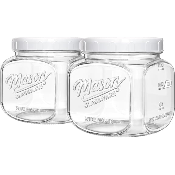 2 Pack Glass Cookie Jar with Airtight Lid, Half Gallon Mason Jar Wide Mouth for Food Storage, Flour, Sugar, Pasta, Sourdough - Square Glass Storage Containers with Marks, 64 Oz Canning Jars