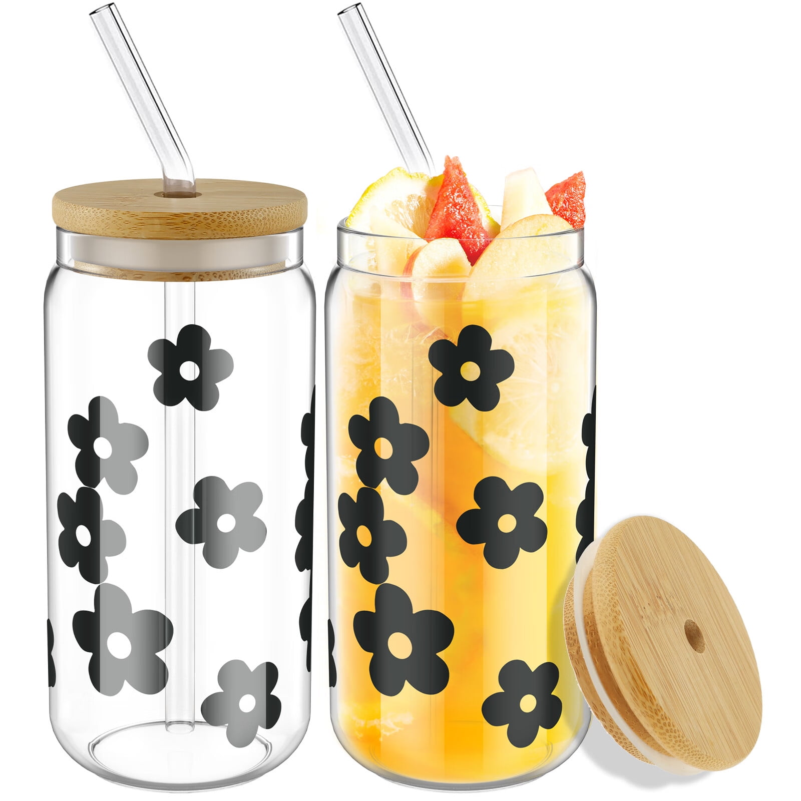 2 Pack Glass Cups with Lids and Straws 20oz Reusable Beer Can