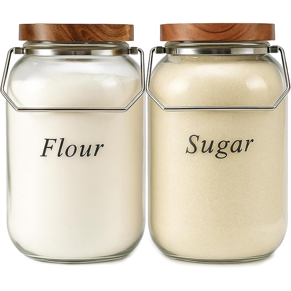 2 Pack Glass Flour Sugar Storage Containers with Handle, 1 Gallon Jars Airtight Lid, Wide Mouth Large Mason 128oz for Rice, Pasta, Oats, Coffee