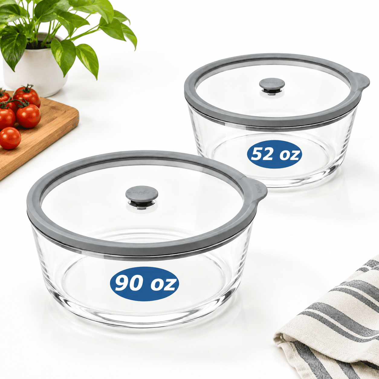 2 Pack Glass Food Storage Containers, 52oz and 90oz Sizes with Nesting ...