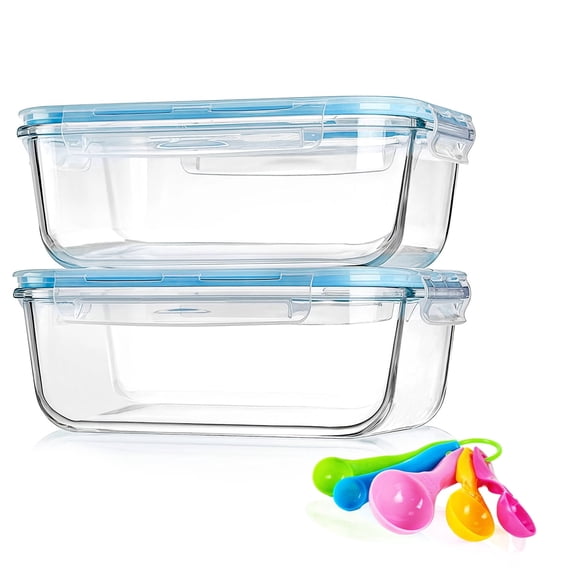 2 Pack Glass Food Storage Containers with Lids, 1860ML Large Glass Meal Prep Containers, Office Lunch Meal for Microwave, Freezer and Oven Blue