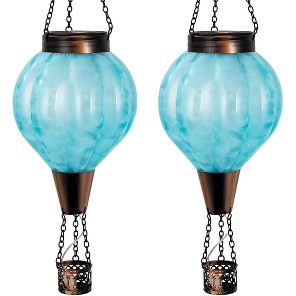 2 Pack Glass Hot Air Balloon Solar Lantern Outdoor Waterproof, Hanging Solar Hot Air Balloon Lantern with Flame, Solars Lights Decor for Garden Yard Patio Porch(Blue)