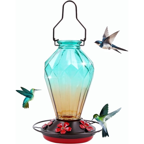 2 Pack Glass Hummingbird Feeder for Outdoors Hanging, 25Oz Humming Bird Nectar Feeder, Perch, 5 Flower Feeding Ports, Leak Proof Base, Hook for Outside Garden Backyard, Diamond Green