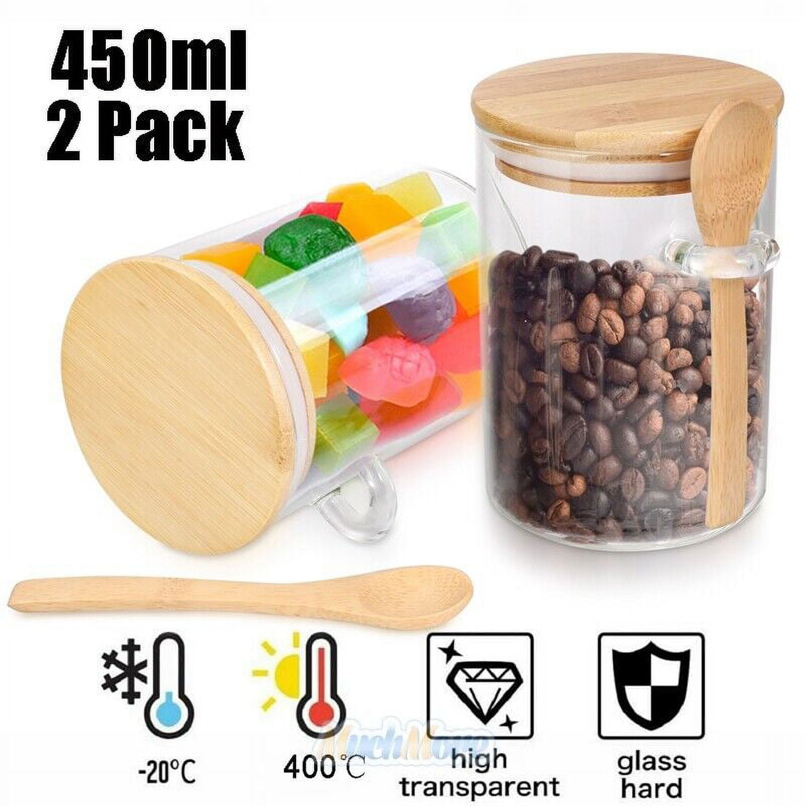2 Sets 15Oz/450ML/1Lb Clear Glass Containers for Pantry with Wooden Spoon,  Small Air Tight Food Storage Canister with Bamboo Airtight Lid, Hermetic