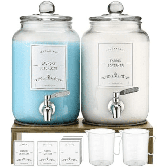 2-Pack Glass Laundry Detergent Dispenser with Stand, 106oz Leak-Proof Glass Fabric Softener Dispenser- Laundry Soap Dispenser-Reusable Container for Kitchen & Bathroom Storage
