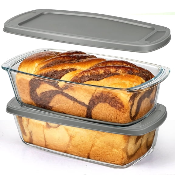 2 Pack Glass Loaf Pan Set with Lids - 1.9 Qt/1800 ML Stackable Glass Bread Baking Dishes, Airtight Meal Prep Food Storage Containers, Oven & Microwave Safe, Dishwasher Safe, Grey