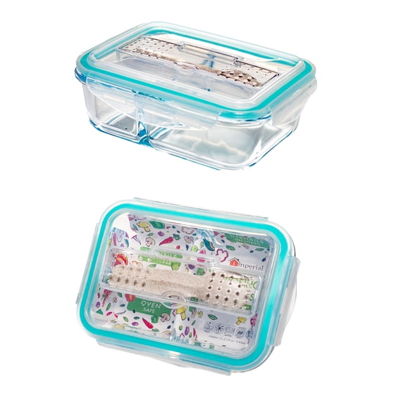 2 Pack Glass Meal Prep 2 Divider & Utensils Rectangle Airtight Food Storage Fork Spoon