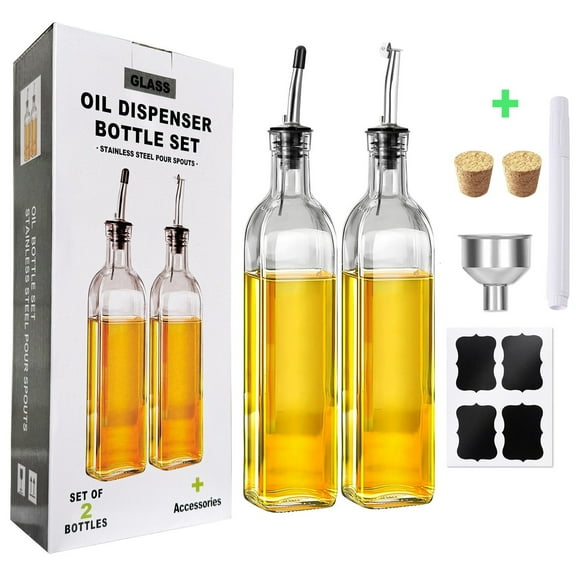 2 Pack Glass Olive Oil Dispenser Bottle Set, 17oz/500ml Elegant Vinegar Cruet with Drip-Free Pourer Spout