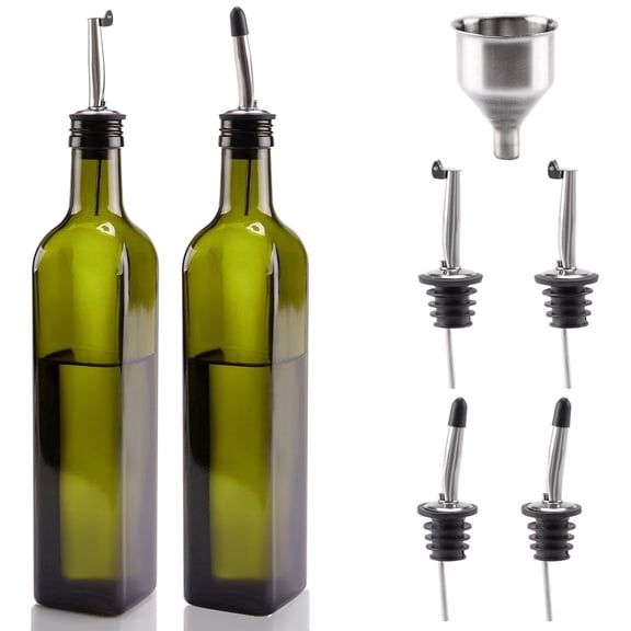 2 Pack Glass Olive Oil Dispenser Bottle Set 17oz /500ml Oil & Vinegar Drizzler Bottle with Auto Flip Pourers, Funnel Dark Green