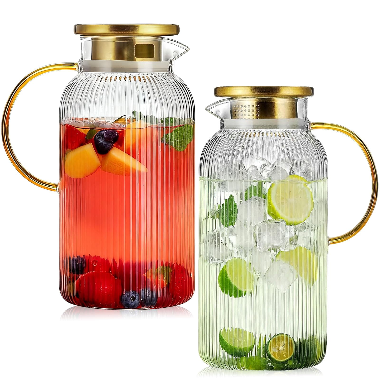 2 Pack Glass Pitcher With Lid 68 Oz/2 Liter Vertical Stripe Round Handle Heat Resistant Suitable For Refrigerator Storage Iced Tea Coffee Lemonade Juice And Beverage Container