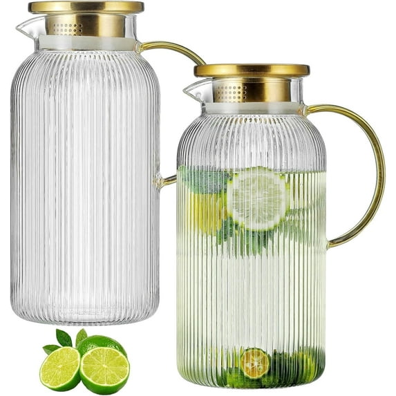 2 Pack Glass Pitcher with Lid, 68 oz/2 Liter Clear Water Pitcher for Cold Brew, Coffee, Lemonade, Heat Resistant