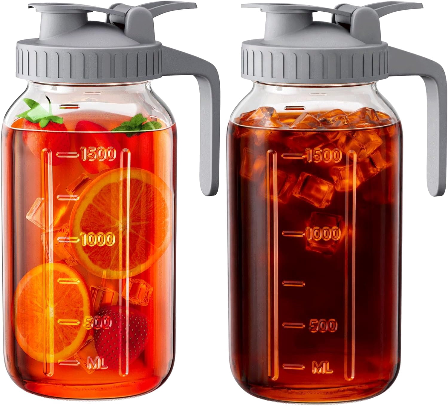 2 Pack Glass Pitcher with Lid, 64 oz Sun Tea Glass Jar for Outside, Large Mason Jar Wide Mouth, Iced Tea Pitcher for Cold Beverages, Breast Milk