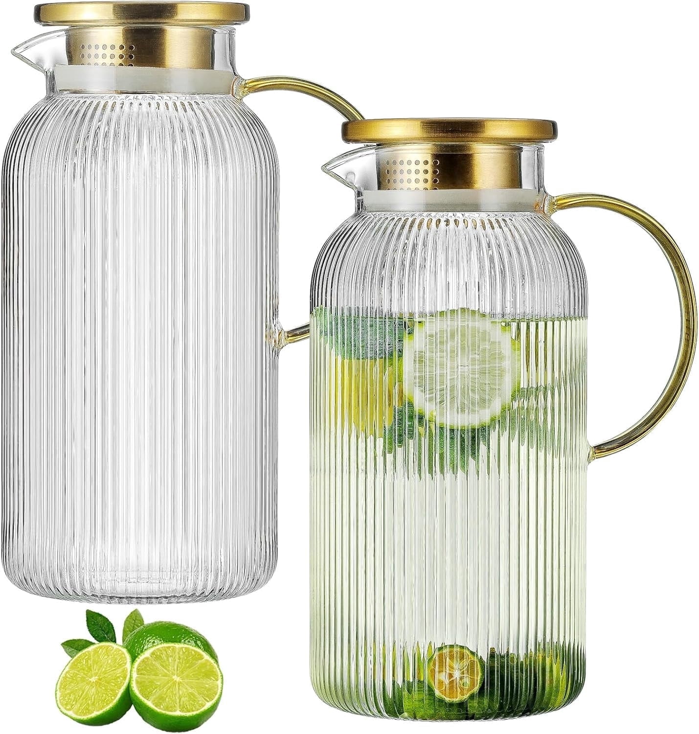 2 Pack Glass Pitcher with Lid, 68 oz/2 Liter Clear Water Pitcher for Cold Brew, Coffee, Lemonade, Heat Resistant