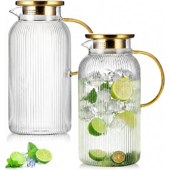 2 Pack Glass Pitchers with Lid, 68 oz/2 Liter Sun Pitcher,Vertical Stripe Round Pitcher with Handle, Heat Resistant, Suitable for Refrigerator Storage, Iced , Coffee and Beverage Container