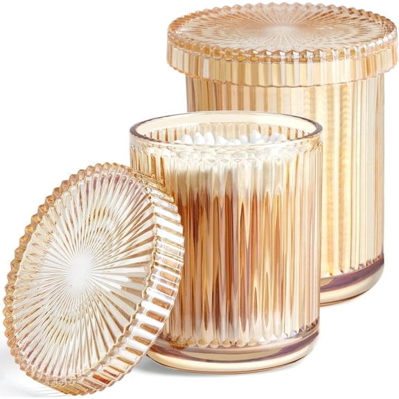 2 Pack Glass Qtip Holder with Lid, Bathroom Accessories and Countertop Storage Canisters, Amber