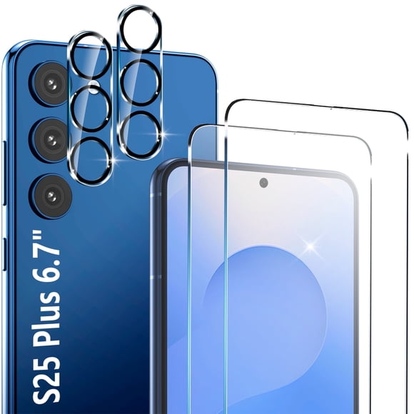 2 Pack Glass Screen Protector for Samsung Galaxy S25 Plus [6.7 inch] + 2 Pack Camera Lens Protector, 9H Tempered Glass, Fingerprint Unlock, HD Clear Case Friendly Anti-Scratch
