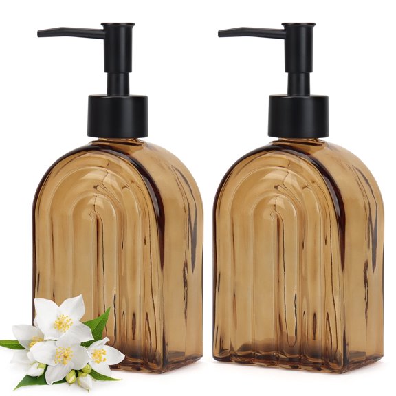 2 Pack Glass Soap Dispenser,400ml/13.5oz Multifunctional Pump Bottle,Bathroom and Kitchen Accessories, Countertop Decor, Brown