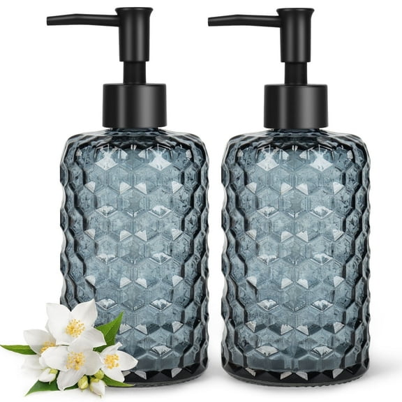 2 Pack Glass Soap Dispenser Diamond Design , 12 Ounce Kitchen Soap Dispenser for Bathroom, Hand Soap, Dish Soap (Gray)